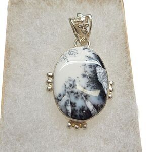 Oval Dendrite "Tree" Agate Silver Tone Pendant